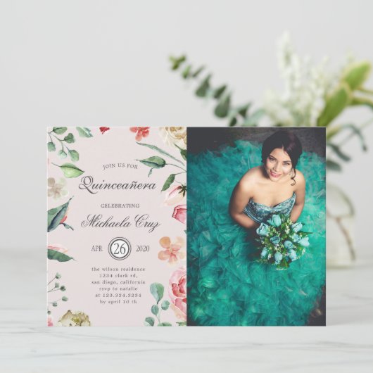 Midnight bloom blush floral Quinceanera Kaart (Staand voorkant)