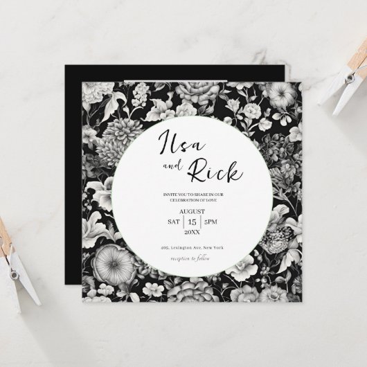 Midnight Bloom: een donkere bloemenbruiloft uitnod Kaart (Voorkant / Achterkant in situ)