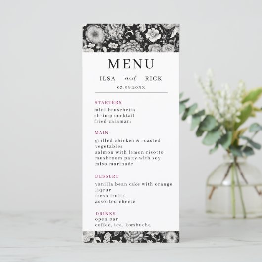 Midnight Bloom: een donkere bloemenelegante bruilo Menu (Staand voorkant)
