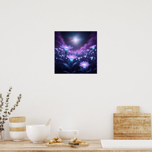 Midnight Bloom Field under Glowing Cosmic Sky Poster (Keuken)