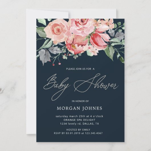 Midnight Bloom Floral Baby shower Invitation (Voorkant)