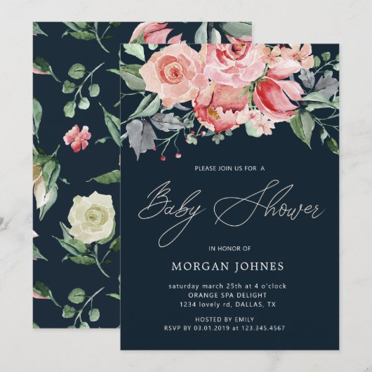 Midnight Bloom Floral Baby shower Invitation (Voorkant / Achterkant)