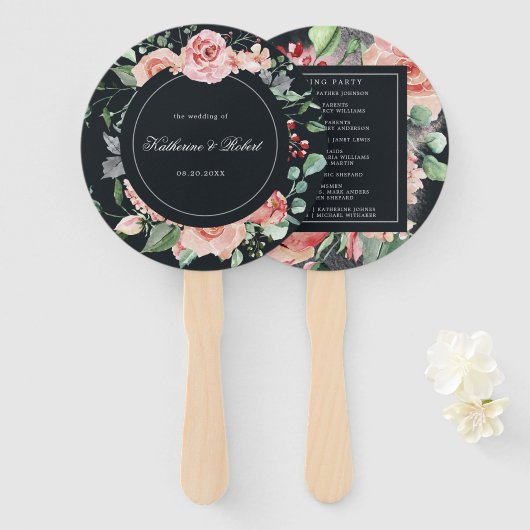 Midnight Bloom Floral Wedding Programme Hand Fan Handwaaier (Voorkant en achterkant)
