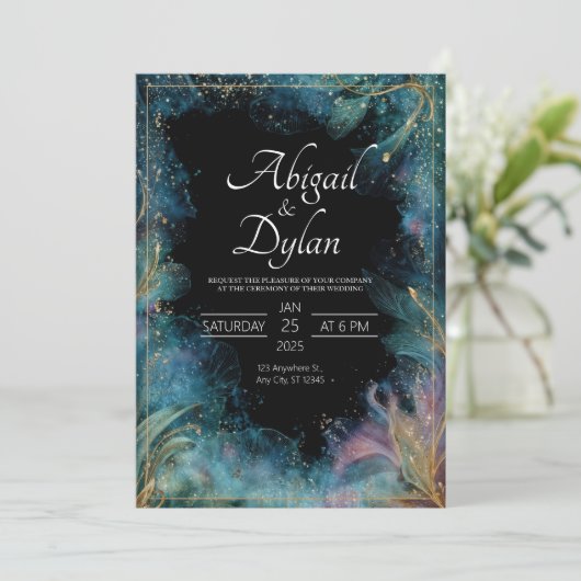 Midnight Bloom Wedding Uitnodiging (Staand voorkant)