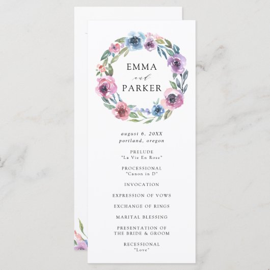 Midnight Blooms Floral krans | Huwelijksceremonie Programmakaart (Voorkant / Achterkant)