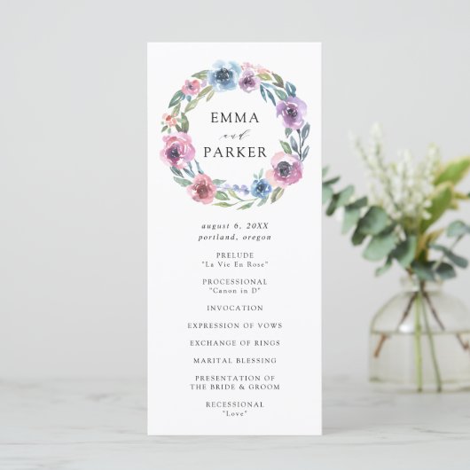 Midnight Blooms Floral krans | Huwelijksceremonie Programmakaart (Staand voorkant)