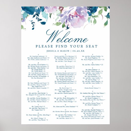 Midnight Blooms Floral Wedding Seding Chart Sign Poster (Voorkant)