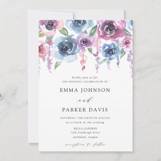 Midnight Blooms | Paarse en blauwe bloemenbruiloft Kaart (Voorkant)