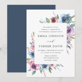Midnight Blooms | Paarse en blauwe bloemige bruilo Kaart