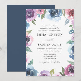 Midnight Blooms | Paarse en blauwe bloemige bruilo Kaart