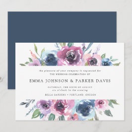 Midnight Blooms | Paarse en blauwe bloemige bruilo Kaart
