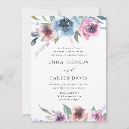 Midnight Blooms | Paarse en blauwe bloemige bruilo Kaart