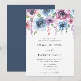 Midnight Blooms | Paarse en blauwe bloemige bruilo Kaart