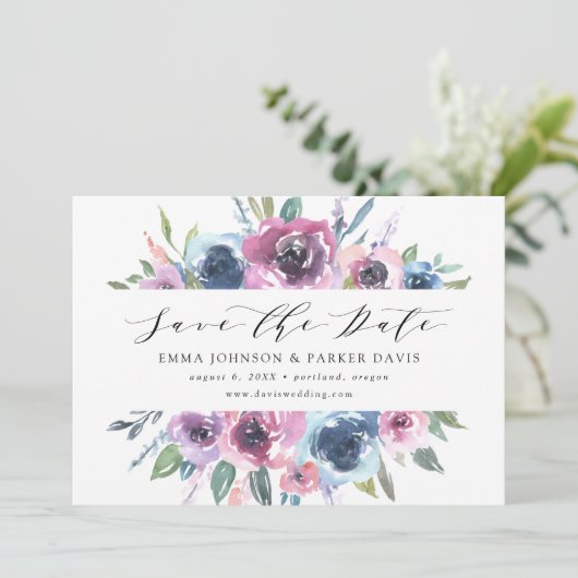 Midnight Blooms | Paarse en blauwe Floral Save The Date (Staand voorkant)