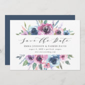 Midnight Blooms | Paarse en blauwe Floral Save The Date (Voorkant / Achterkant)