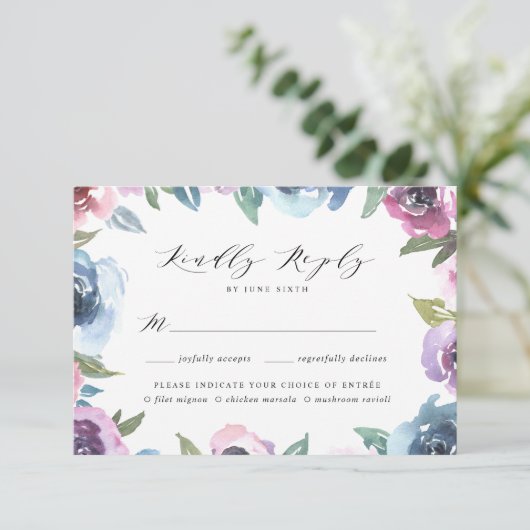 Midnight Blooms | RSVP-kaart met maaltijdkeuze RSVP Kaartje (Staand voorkant)