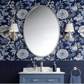 Midnight Blossom - Blauw en Wit - Traditioneel Behang