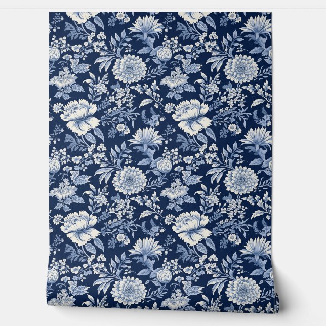 Midnight Blossom Petite - Blauw en Wit Behang (Afrollen)