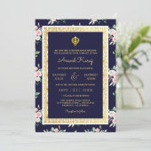 Midnight Blue Anand Karaj Punjabi Sikh Bruiloft Kaart (Staand voorkant)