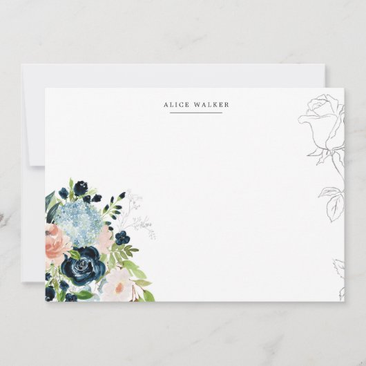 Midnight Blue Bloemen Blush Stationery Note Kaart Notitiekaartje (Voorkant)