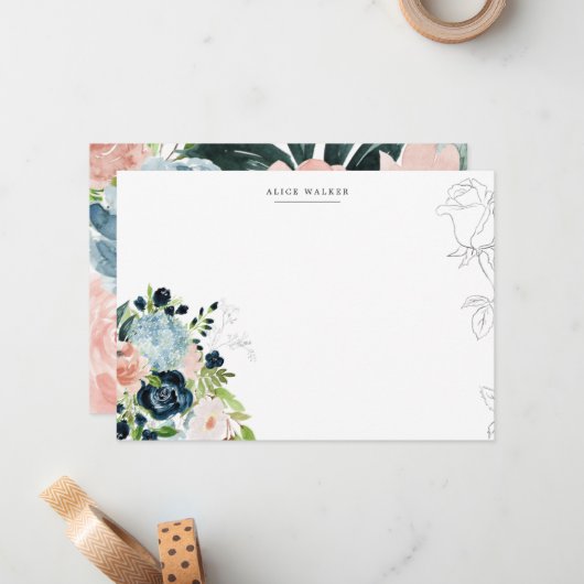 Midnight Blue Bloemen Blush Stationery Note Kaart Notitiekaartje (Voorkant / Achterkant in situ)