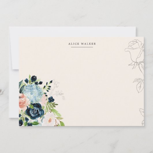 Midnight Blue Bloemen Blush Stationery Note Kaart Notitiekaartje (Voorkant)