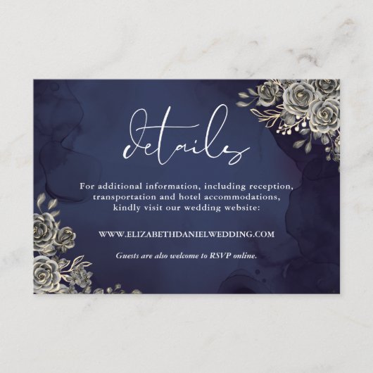 Midnight Blue Bloemen Rozen Gotische bruiloft Deta Informatiekaartje (Voorkant)