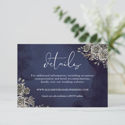 Midnight Blue Bloemen Rozen Gotische bruiloft Deta Informatiekaartje (Staand voorkant)