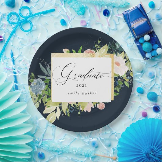 Midnight Blue Blush Bloemen Afstuderen Papier Bord (Feest)