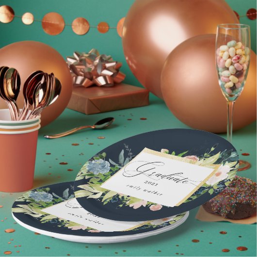 Midnight Blue Blush Bloemen Afstuderen Papier Bord (Multi)