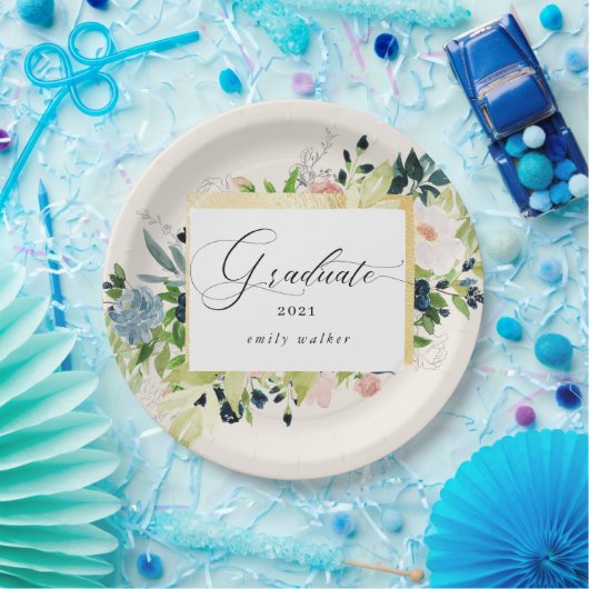 Midnight Blue Blush Bloemen Afstuderen Papier Bord (Feest)