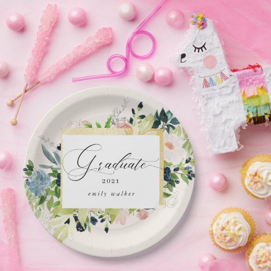 Midnight Blue Blush Bloemen Afstuderen Papier Bord (Feest)