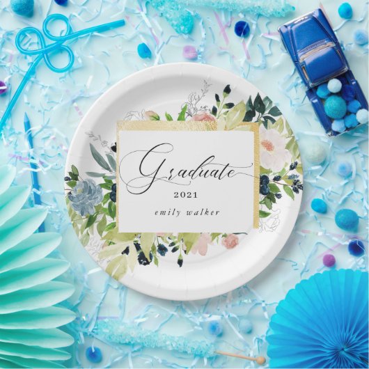 Midnight Blue Blush Bloemen Afstuderen Papieren Bordje (Feest)