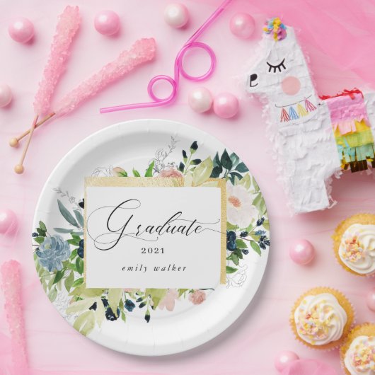 Midnight Blue Blush Bloemen Afstuderen Papieren Bordje (Feest)