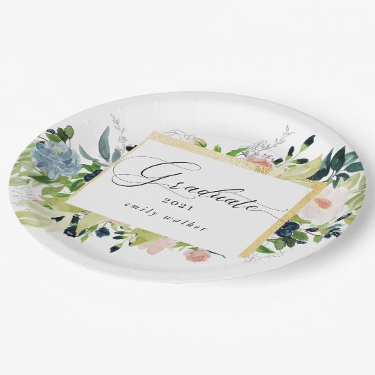 Midnight Blue Blush Bloemen Afstuderen Papieren Bordje (Gekanteld)