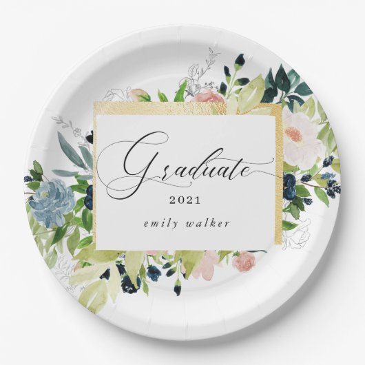 Midnight Blue Blush Bloemen Afstuderen Papieren Bordje (Voorkant)