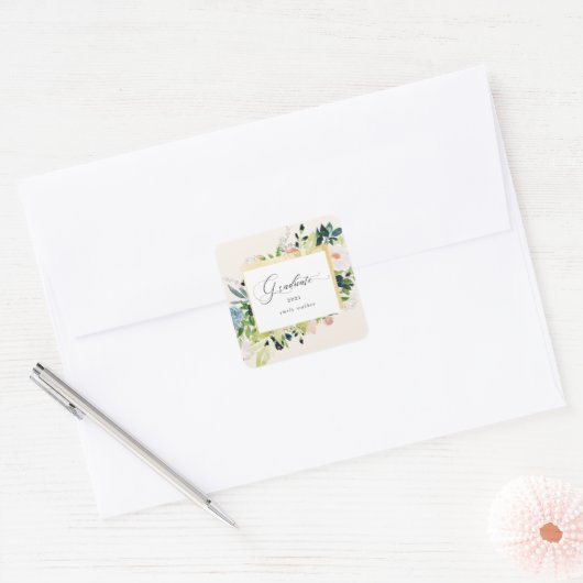 Midnight Blue Blush Bloemen Afstuderen Vierkante Sticker (Envelop)