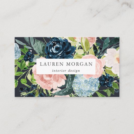 Midnight Blue Blush Bloemen Elegant Visitekaartje (Voorkant)