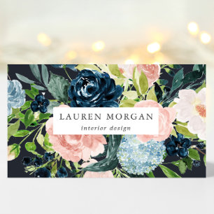 Midnight Blue Blush Bloemen Elegant Visitekaartje