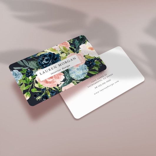 Midnight Blue Blush Bloemen Elegant Visitekaartje