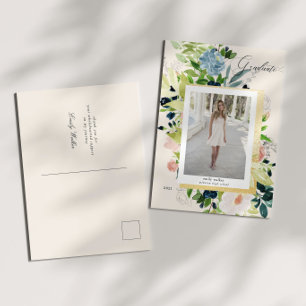 Midnight Blue Blush Bloemen Foto Afstuderen Aankondigingskaart