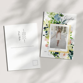 Midnight Blue Blush Bloemen Foto Afstuderen Aankondigingskaart