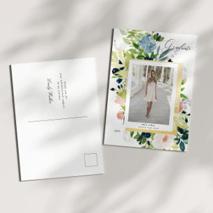 Midnight Blue Blush Bloemen Foto Afstuderen Aankondigingskaart