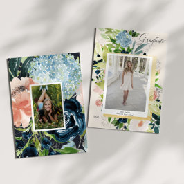 Midnight Blue Blush Bloemen Foto Afstuderen Kaart