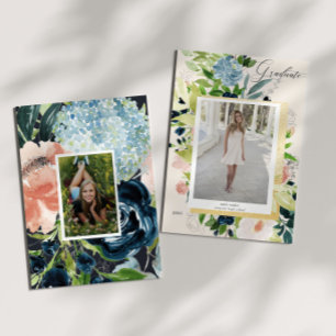 Midnight Blue Blush Bloemen Foto Afstuderen Kaart