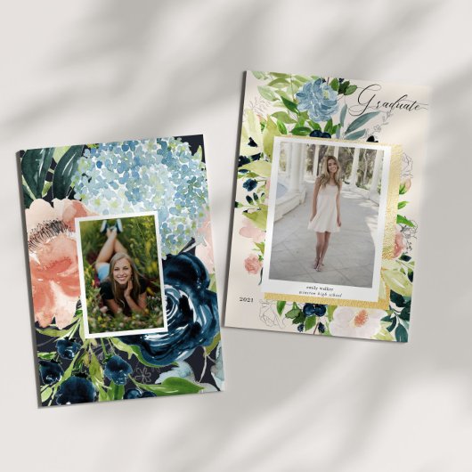 Midnight Blue Blush Bloemen Foto Afstuderen Kaart