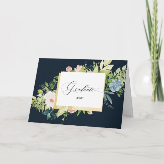 Midnight Blue Blush Bloemen Foto Gevouwen Afstuder Kaart (Voorkant)