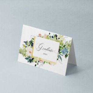 Midnight Blue Blush Bloemen Foto Gevouwen Afstuder Kaart