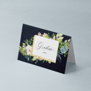 Midnight Blue Blush Bloemen Foto Gevouwen Afstuder Kaart