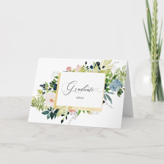 Midnight Blue Blush Bloemen Foto Gevouwen Afstuder Kaart (Voorkant)